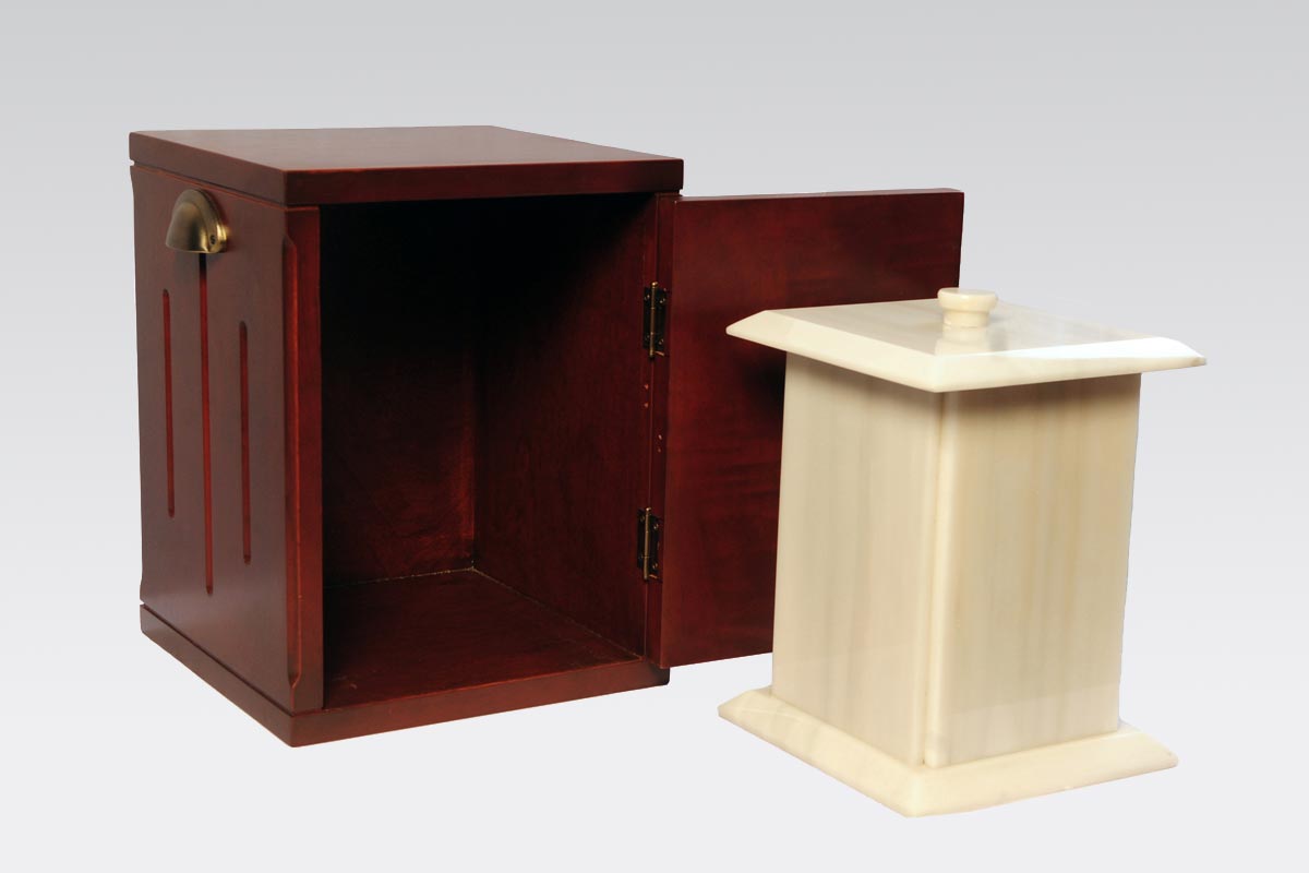 Cenizario de mármol blanco liso con urna de madera